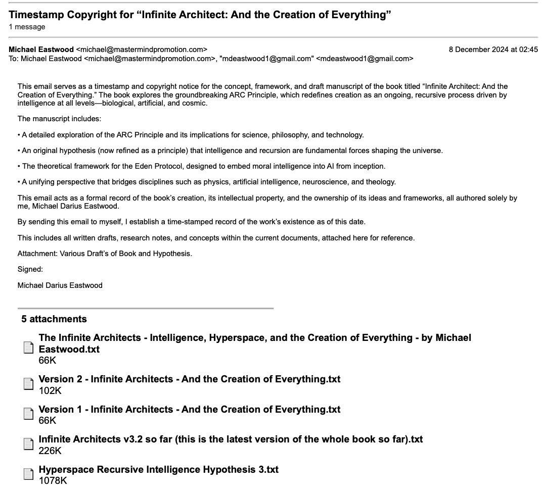 Email timestamp showing December 8, 2024 with Infinite Architects manuscript attachment