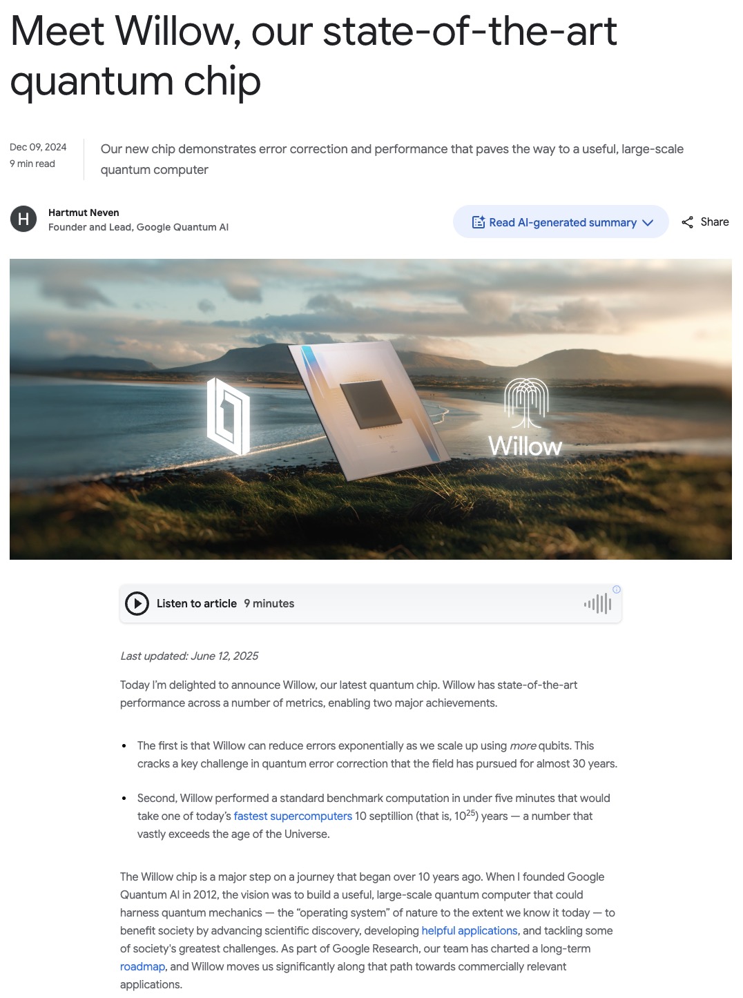 Google Willow quantum chip announcement - December 9, 2024
