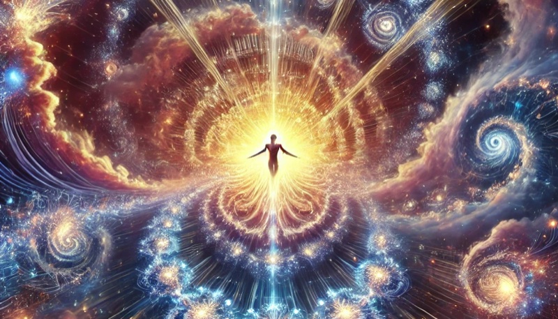 A figure ascending through cosmic layers of existence