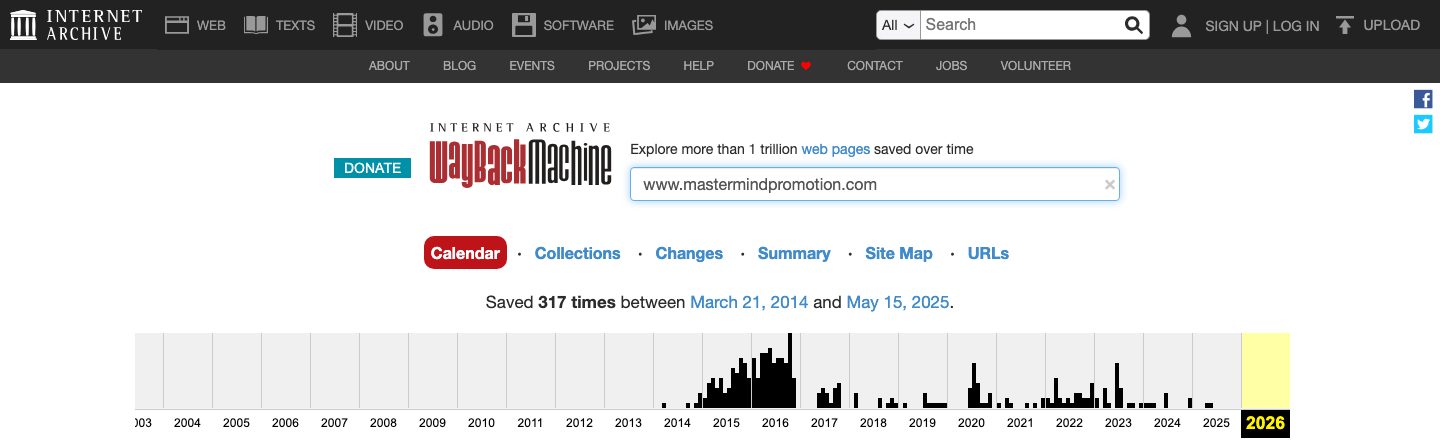 The Internet Archive Wayback Machine calendar for www.mastermindpromotion.com, stating Saved 317 times between March 21, 2014 and May 15, 2025, above a bar chart of captures by year