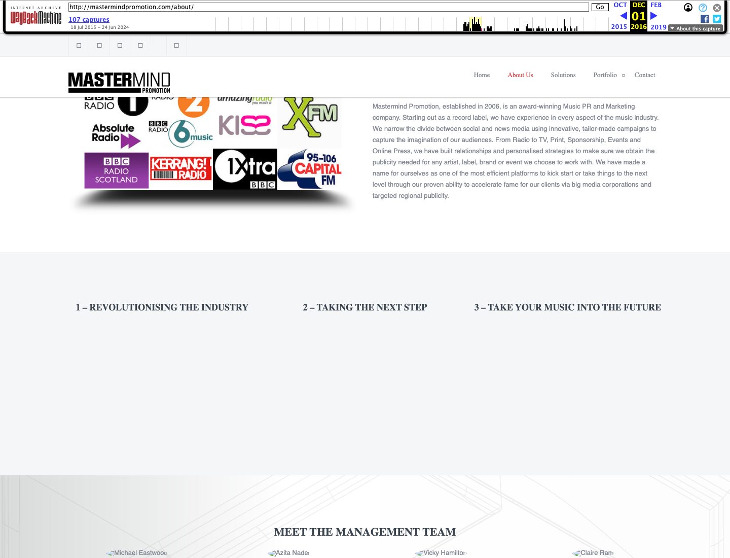 Wayback Machine capture of the Mastermind Promotion About Us page dated 1 December 2016, radio station logos beside text stating the company was established in 2006, and a Meet the Management Team heading