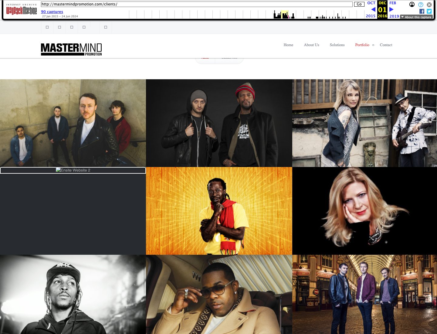 Wayback Machine capture of the Mastermind Promotion Clients page dated 1 December 2016, a grid of artist photographs