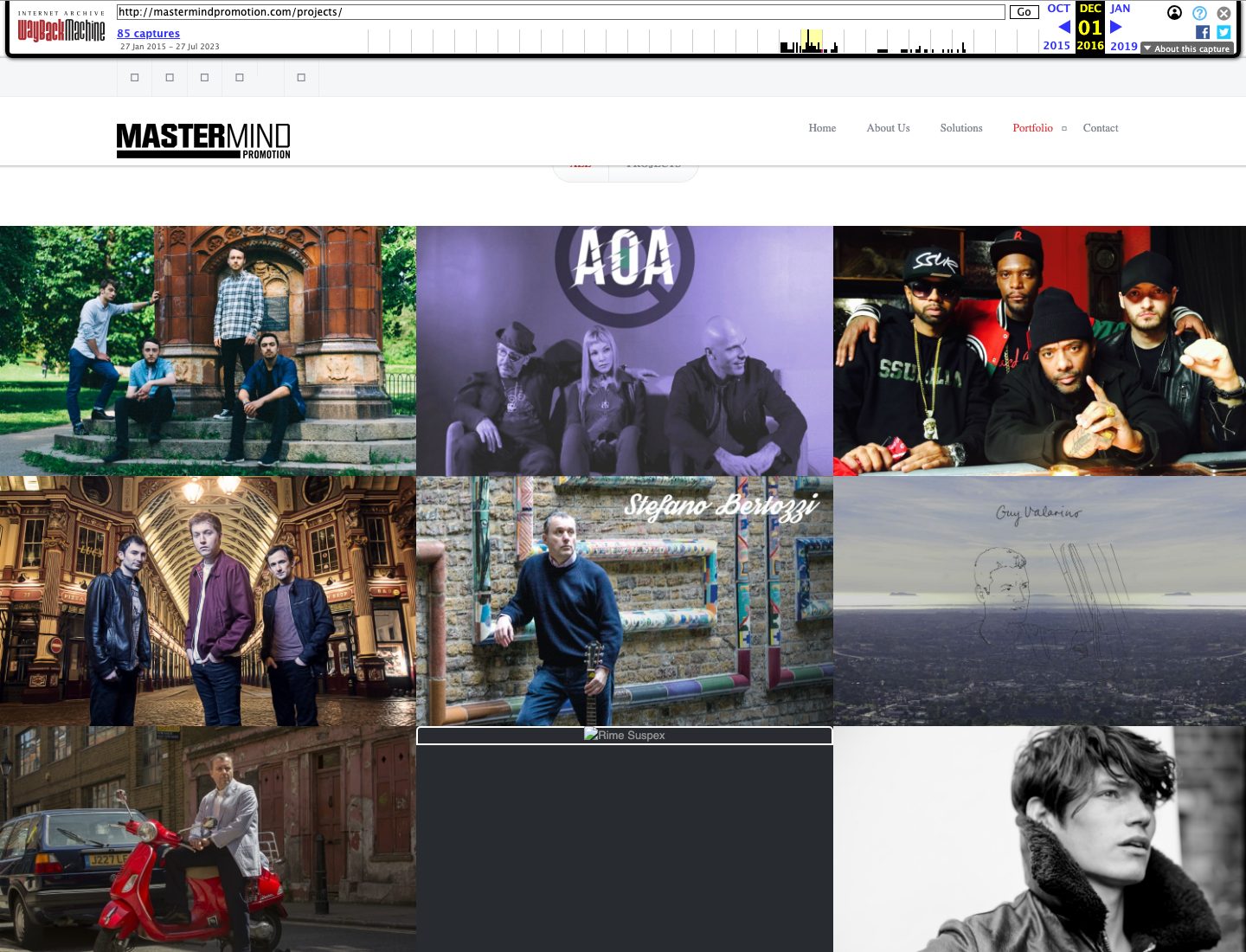 Wayback Machine capture of the Mastermind Promotion Projects page dated 1 December 2016, a grid of campaign artwork including covers lettered Stefano Bertozzi and Guy Valarino