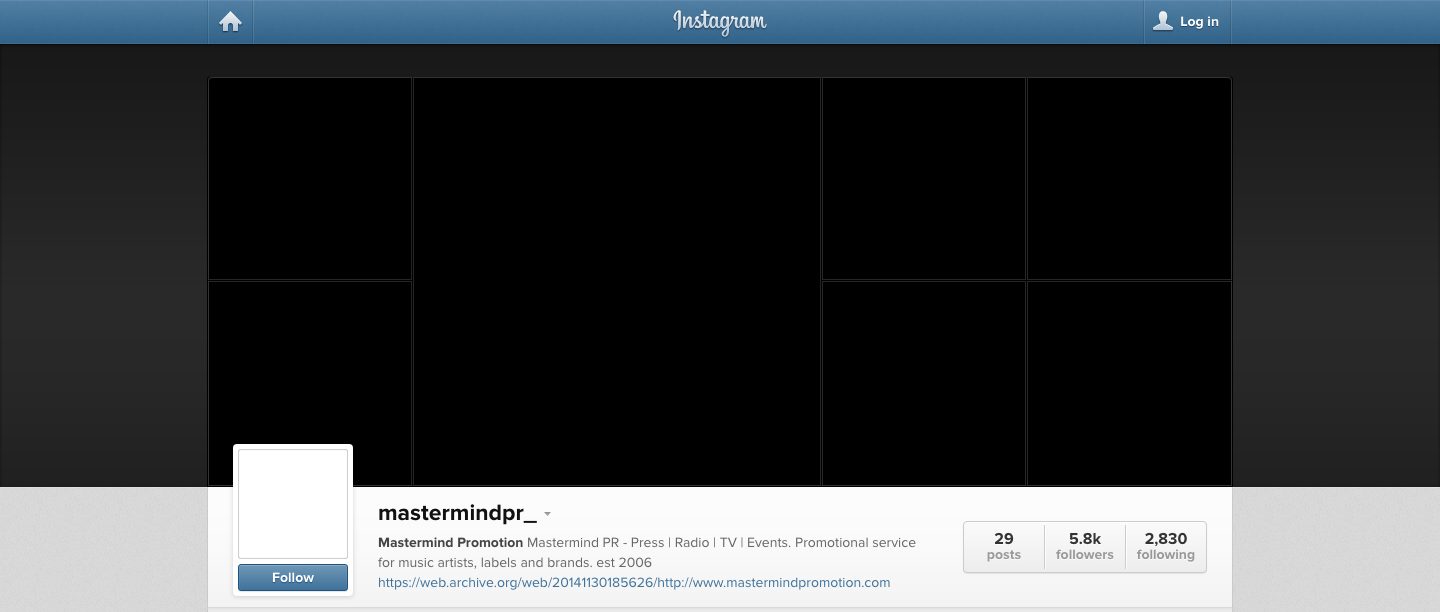 Wayback Machine capture of the Instagram profile mastermindpr_ dated 30 November 2014, Mastermind Promotion, describing a promotional service for music artists, labels and brands, est 2006, with 29 posts, 5.8k followers and 2,830 following