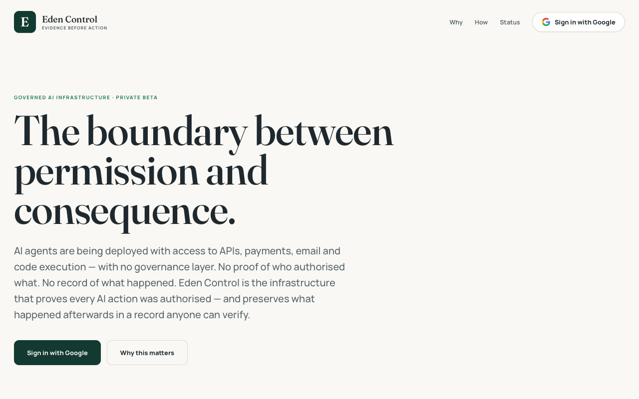The Eden Control home page, headline reading The boundary between permission and consequence, governed AI infrastructure in private beta