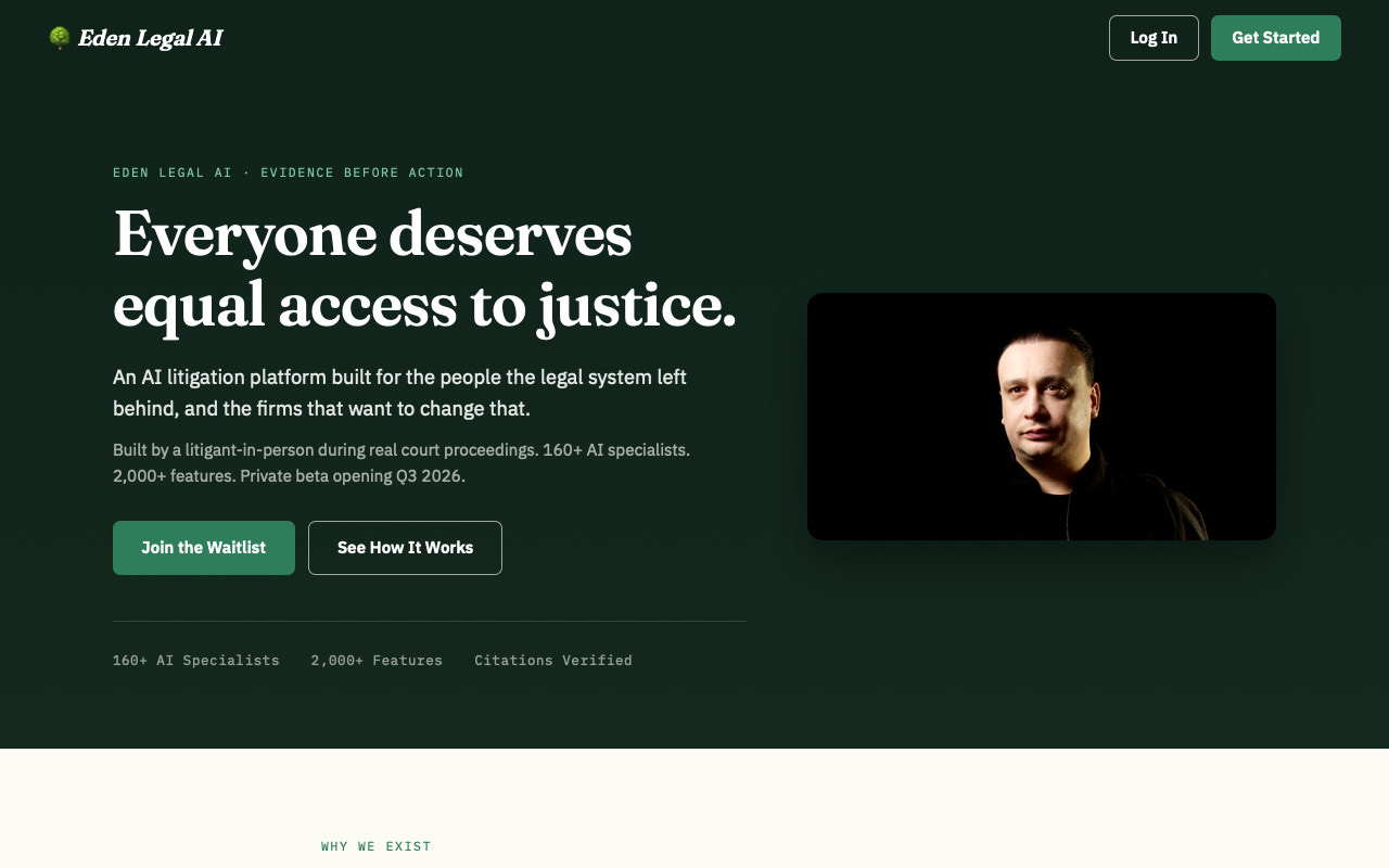 The Eden Legal AI home page, headline reading Everyone deserves equal access to justice, an AI litigation platform built for the people the legal system left behind