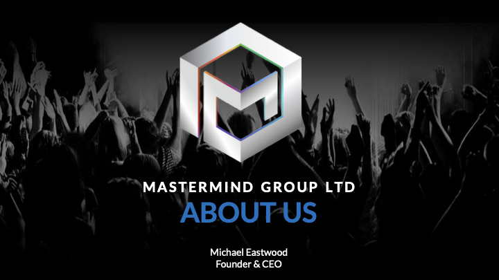 Cover slide of the Mastermind pitch deck, dated 10 December 2023, the company logo over a black and white concert crowd