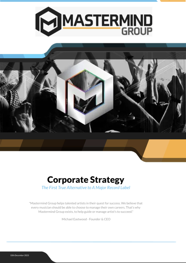 Cover page of the Mastermind corporate strategy and implementation plan, dated 10 December 2023, titled Corporate Strategy, subtitled The First True Alternative to A Major Record Label
